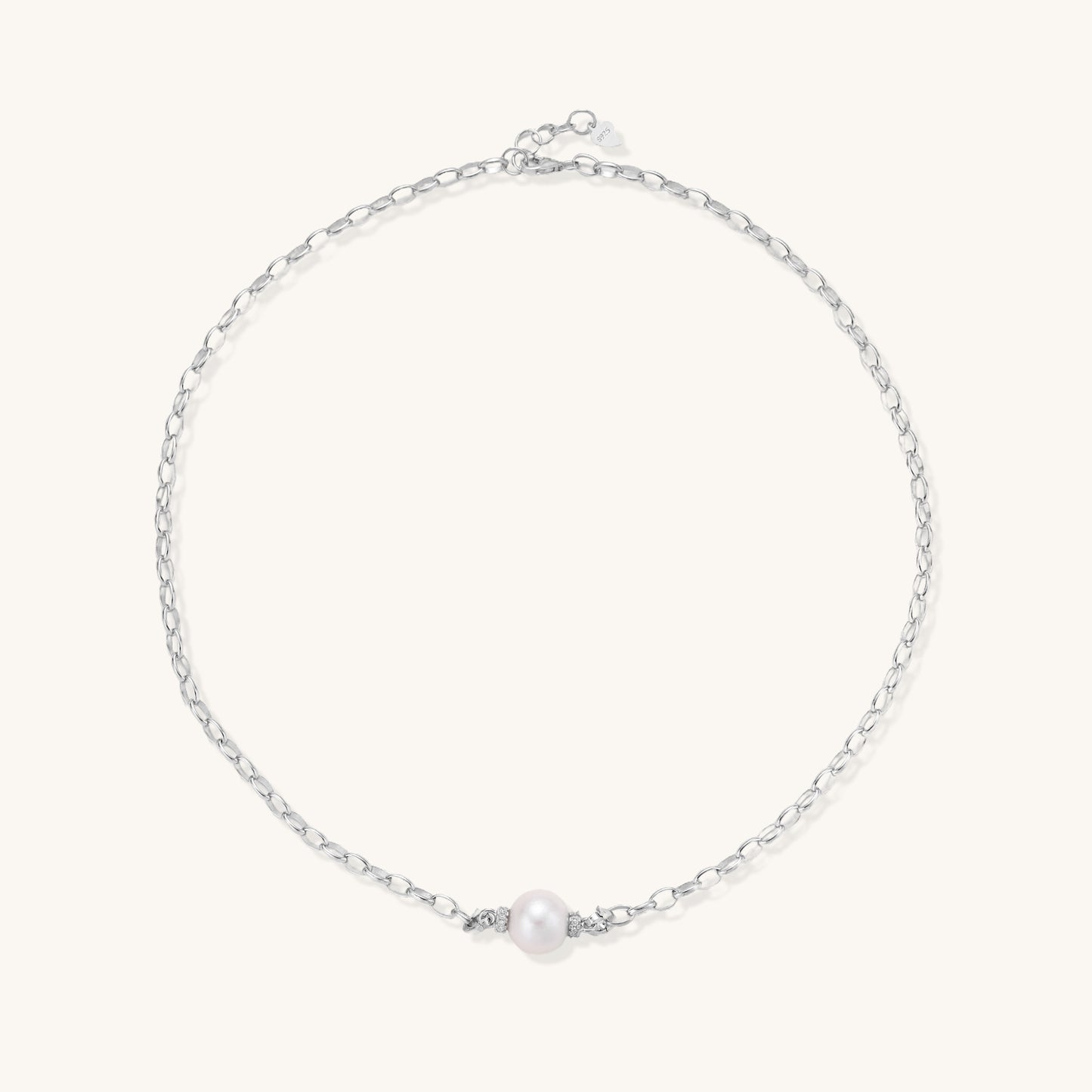Sterling silver chain necklace with single white freshwater pearl centerpiece on neutral background, 445mm length.