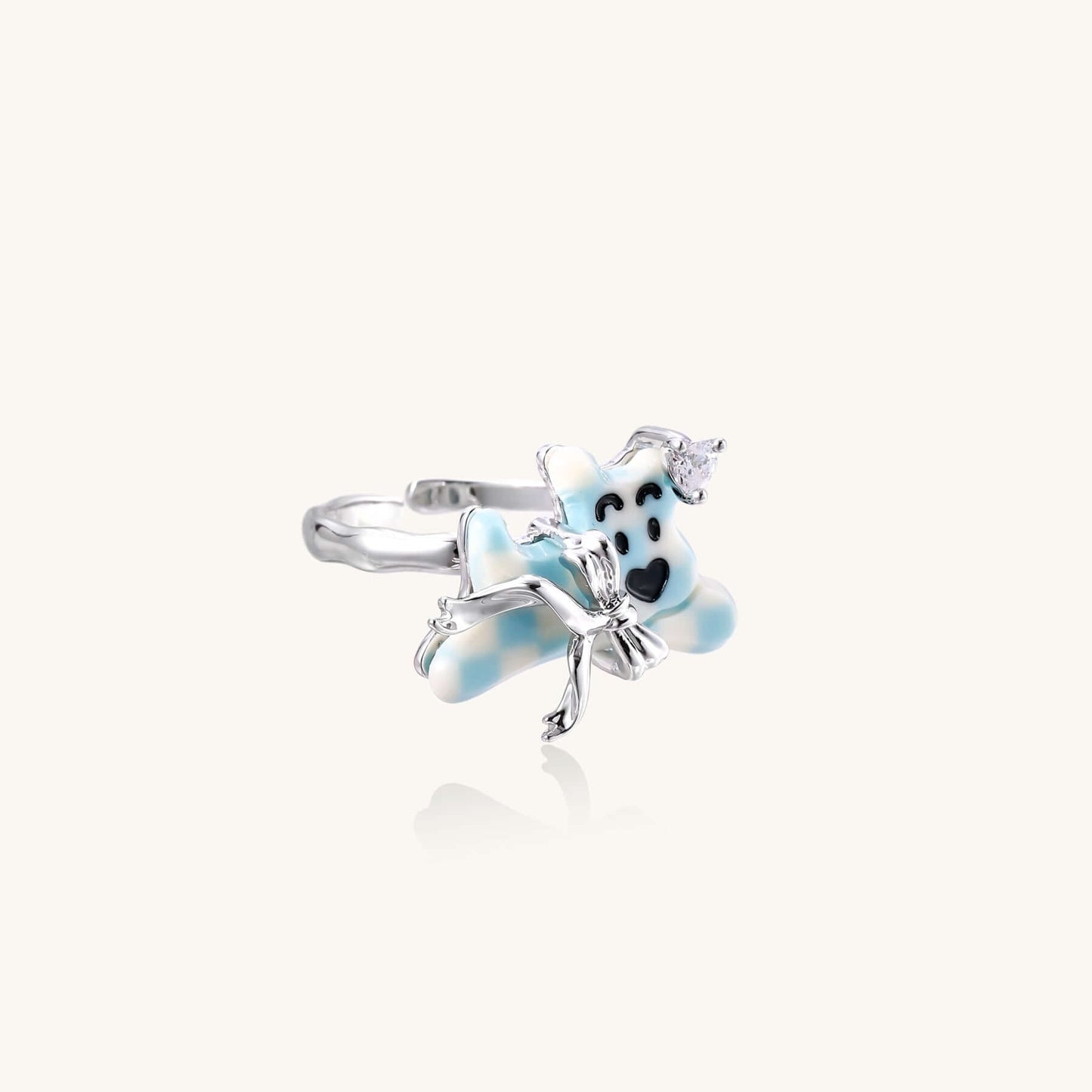 Gold-plated brass ring featuring a cute panda with crystal crown sitting on blue petals