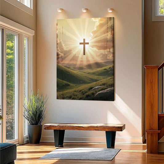 Amazing Grace Canvas Wall Art Made in USA displayed in a bright, modern living room with a cross and scenic background.