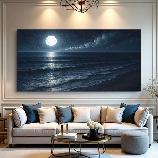 Beach Shoreline Coastal Wall Art with a moonlit ocean scene above a modern living room sofa.