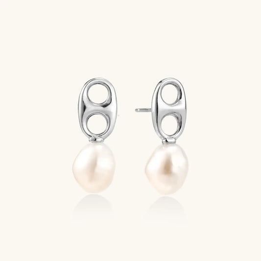 Pearl Circle Drop Studs earrings featuring rhodium-plated silver and lustrous pearl with a geometric design.