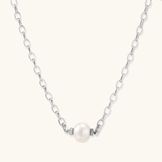 Luna Pearl Chain Necklace featuring a luminous freshwater pearl on rhodium-plated sterling silver chain, perfect for women's costume jewelry.