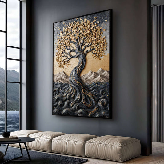 Golden Tree of Life Minimalist Impasto Wall Art displayed in a modern living room setting.