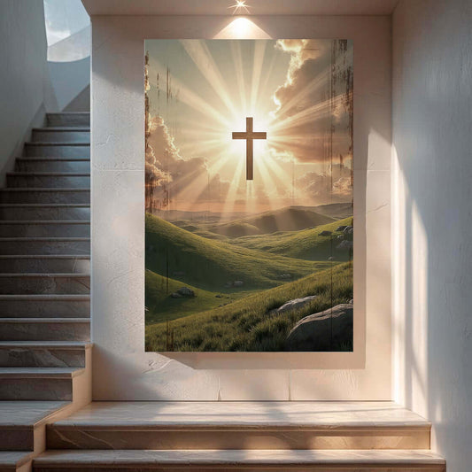 Amazing Grace Canvas Wall Art Made in USA featuring a cross and sunlight over green hills.