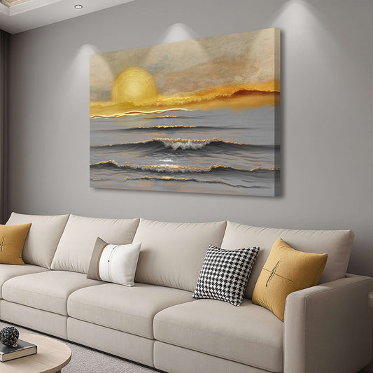 Golden Horizon Calm Canvas Wall Art displayed in a modern living room above a stylish sofa.