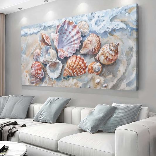 Sea Shells Modern Coastal Wall Art featuring various shells on a sandy beach mural above a modern sofa.