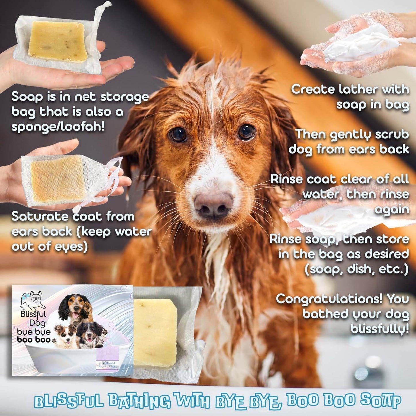 Dog enjoying bath with Bye Bye Boo Boo Dog Shampoo & Bar Soap, shown with sponge methodology and product packaging.