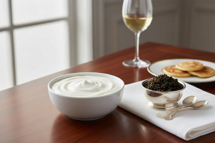 Gourmet creme fraiche in a bowl alongside caviar and pancakes on a wooden table with a glass of wine.