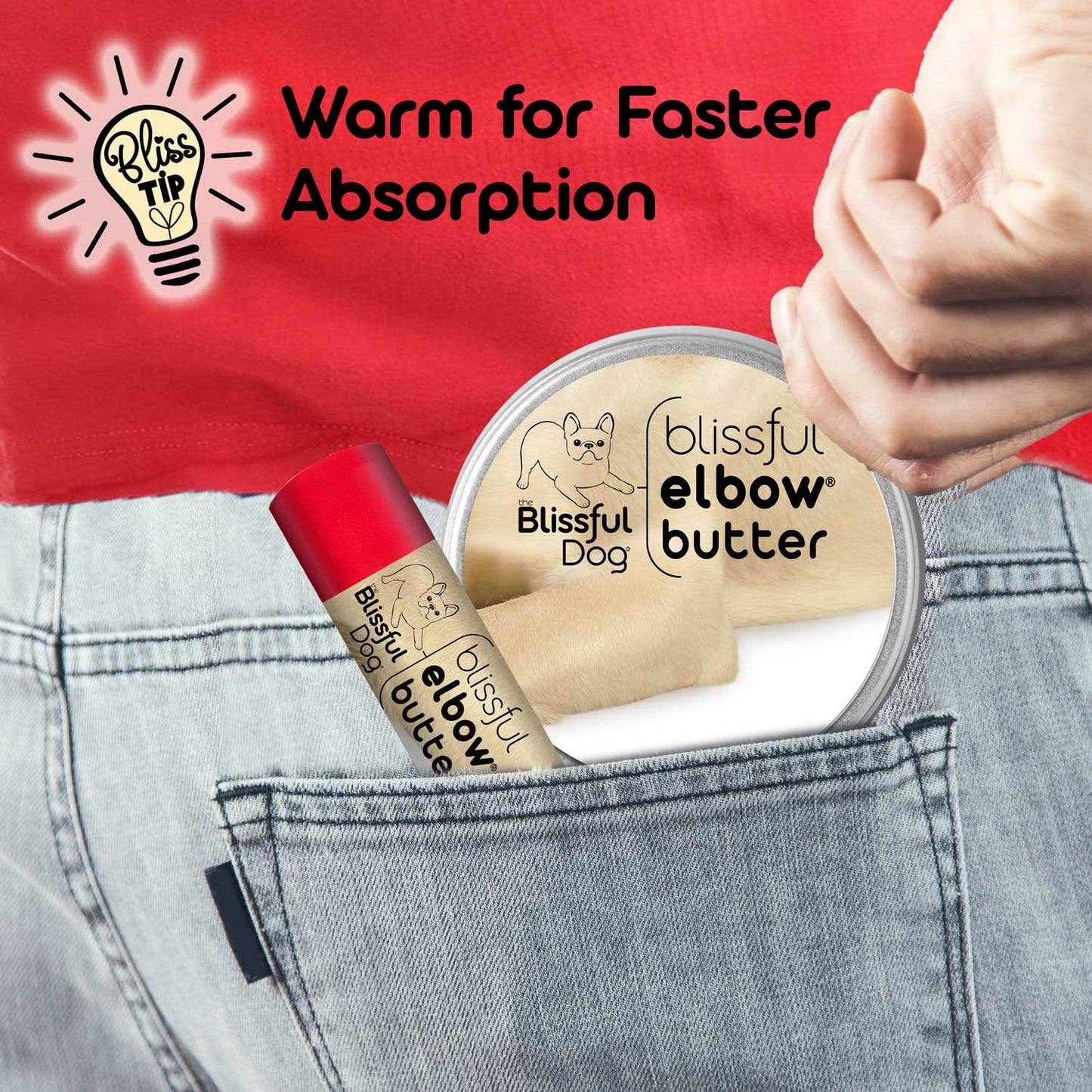 Image showcasing Blissful Elbow Butter in a pocket, emphasizing warmth for faster absorption.
