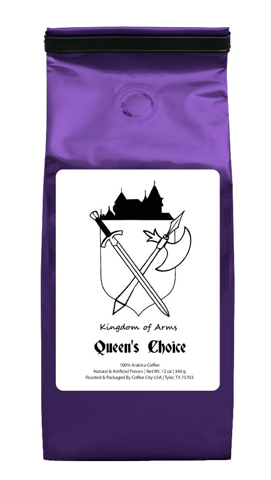A 12 oz bag of Kingdom of Arms Queen's Choice coffee with a white label featuring a black illustration of a crown and crossed swords, against a purple background.