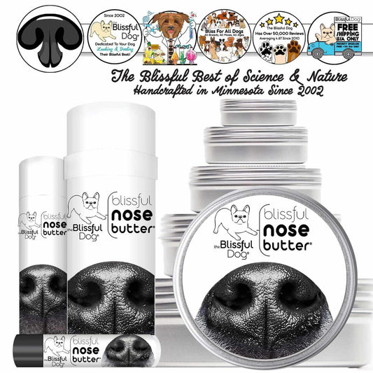 1 Dog Nose Butter For All Dogs packaging shown, featuring different sizes for treating dry crusty and cracking nose.