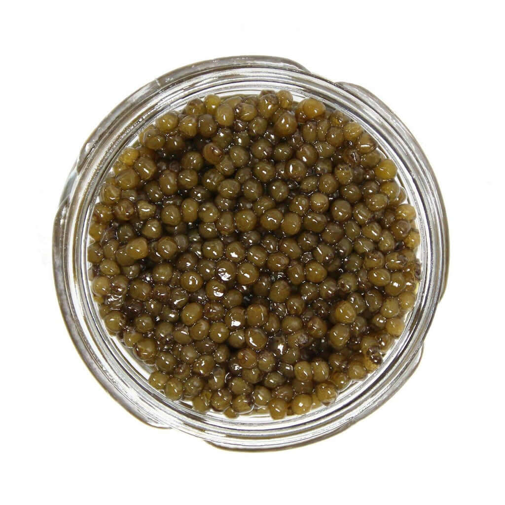 German Osetra Caviar from Caspian Sea displayed in a glass jar, showcasing its rich color and delicate beads.