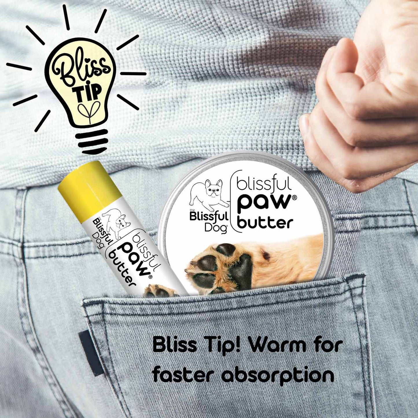 Blissful Paw Butter lip balm and tin in a pocket with text about faster absorption tips for dog's paw care.