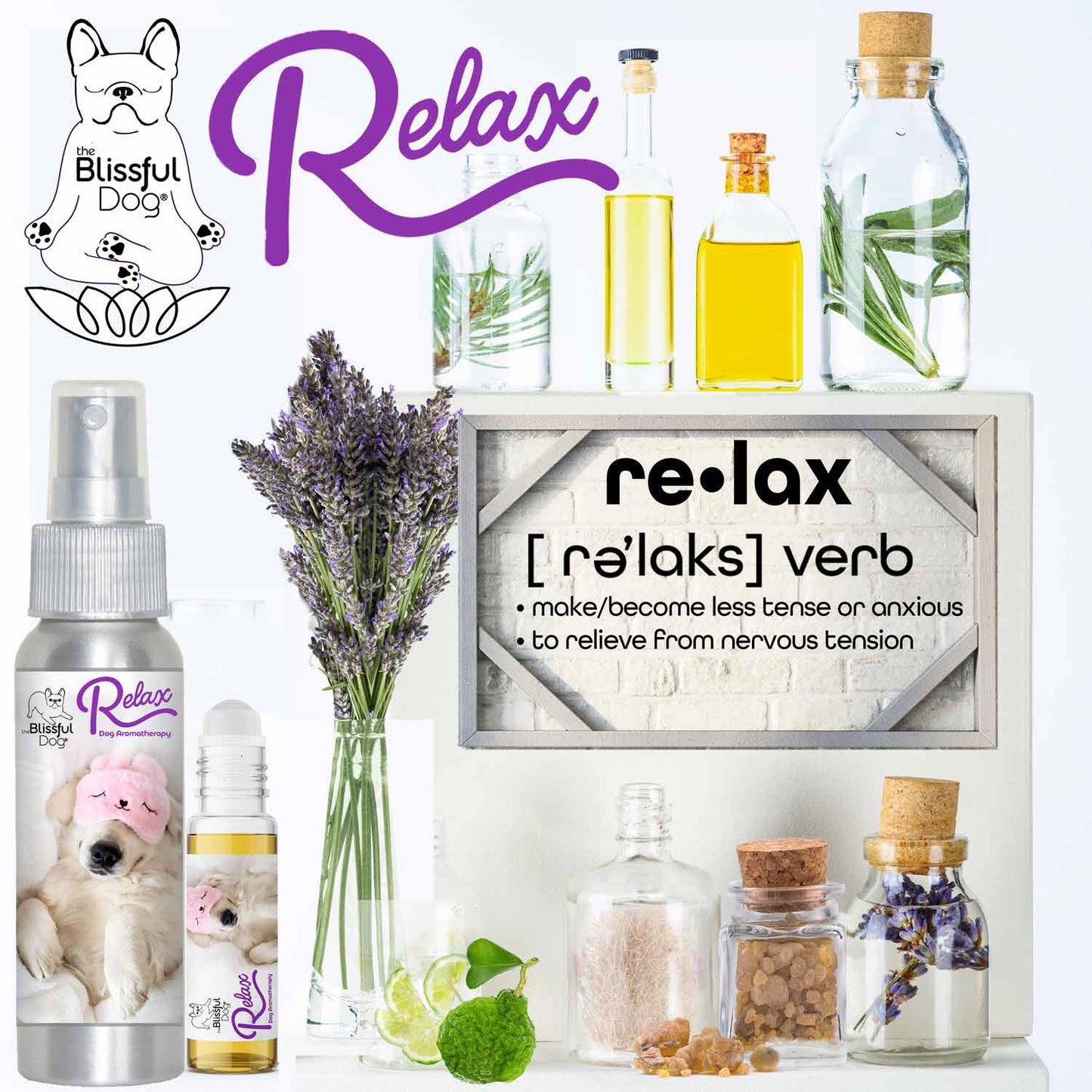 3 Cute Puppies Relax Dog Aromatherapy products displayed with lavender and essential oils for calming dogs during storms.