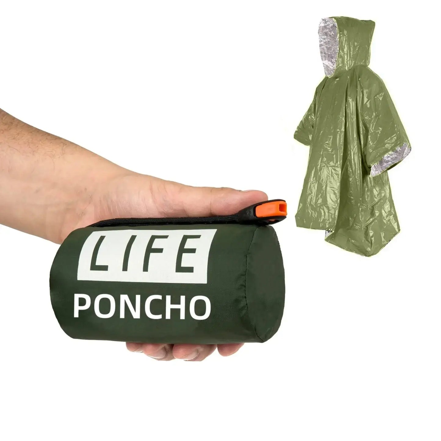 LIFE poncho Emergency Survival Thermal Survival Space Blanket Raincoat Heat Reflective compact design with hood for outdoor use.