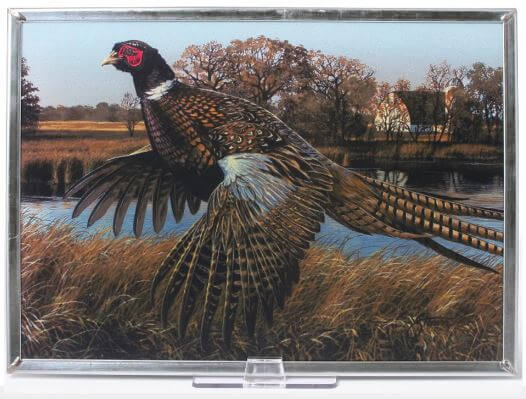 Stained glass window panel featuring a pheasant with a landscape background.