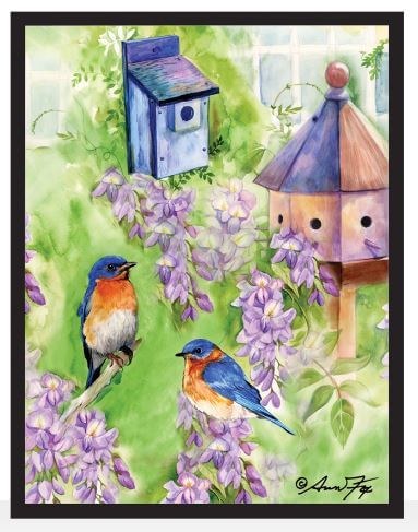 A colorful artwork featuring two bluebirds with vibrant sky blue plumage and russet red breasts, perched near a blue birdhouse, with a lush green and purple floral background.