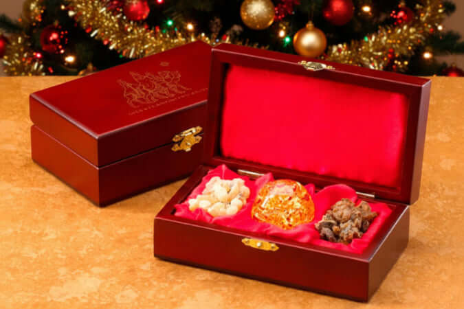 Standard Single Box Set of Gold Frankincense and Myrrh in a deluxe wooden box with red cushioning.