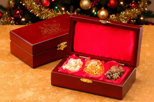Standard Single Box Set of Gold Frankincense and Myrrh in a deluxe wooden box with red cushioning.