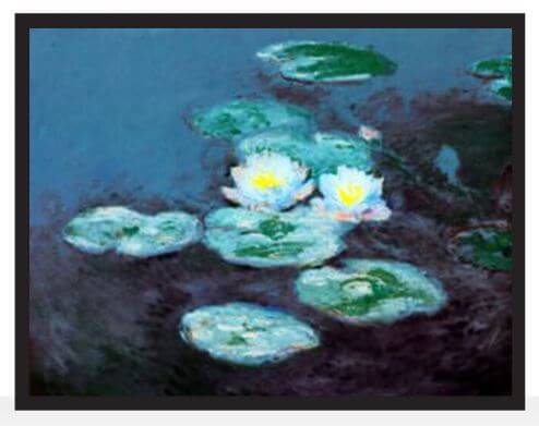 A stained glass window reproduction of Claude Monet's Water Lilies series featuring green lily pads and blue water.