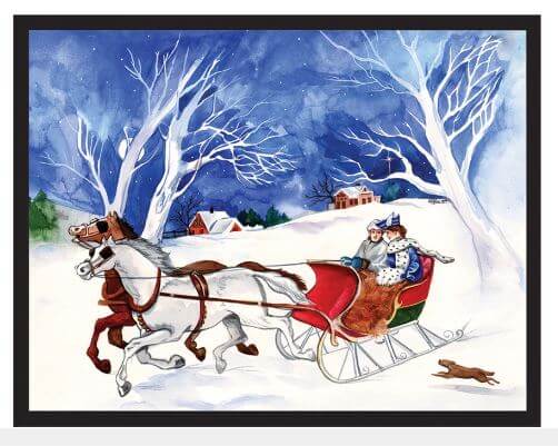 A stained glass window panel depicting a classic winter sleigh ride scene with trees and a blue sky.