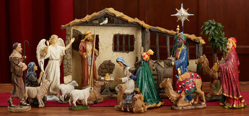 Real Life Nativity Set complete with 20 intricately hand painted figures and stable, 10 inch size.