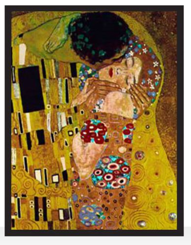Stained glass window design depicting 'The Kiss' by Gustav Klimt, with a man and woman embracing, predominantly in yellow and black colors.