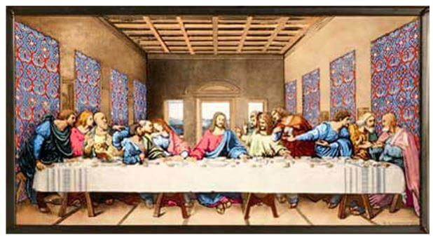 Stained glass window depicting the Last Supper with multiple characters gathered around a table, wearing colorful robes against a patterned background.