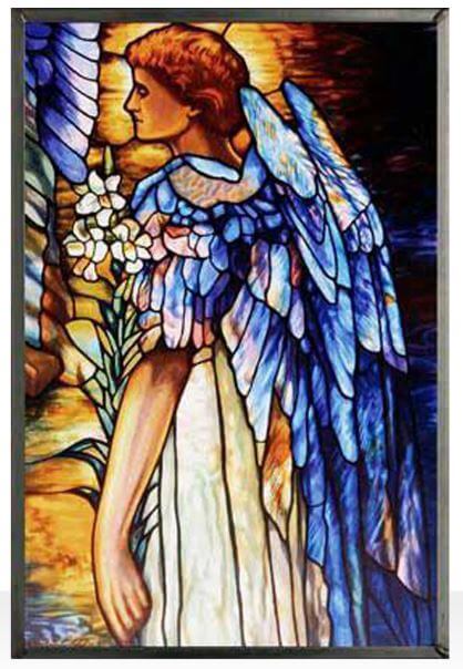 A stained glass window featuring a Resurrection Angel with blue and purple wings, holding a white flower, set against a golden background.