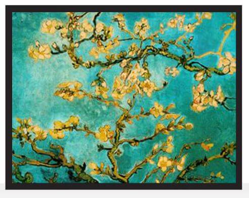 A stained glass window design featuring almond blossoms against a blue sky, based on a painting by Vincent Van Gogh.