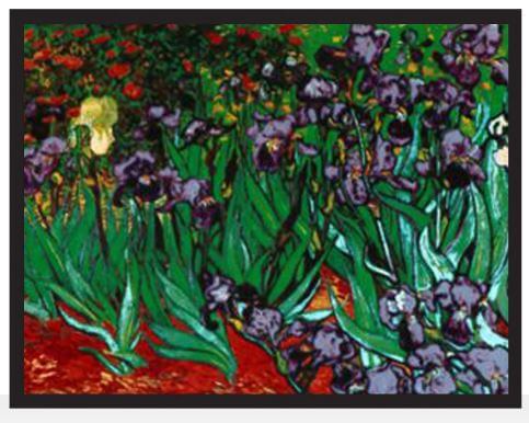Stained glass window design inspired by Vincent van Gogh's painting 'Irises', featuring vibrant blues and green colors with floral motifs.