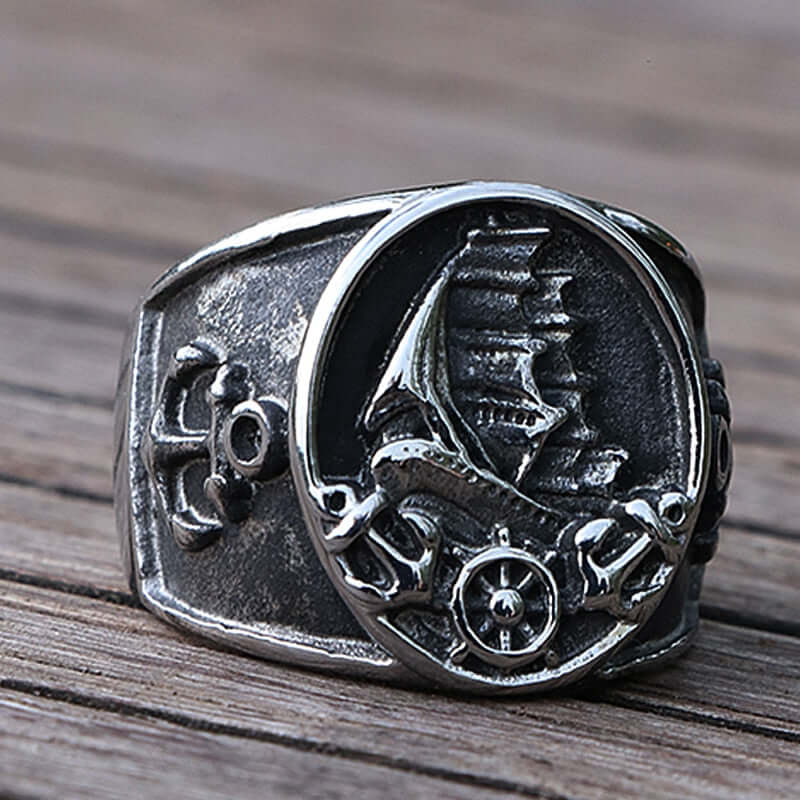 Pirate Sailboat Ring For Men 316L Stainless Steel Anchor Ring 3D Design