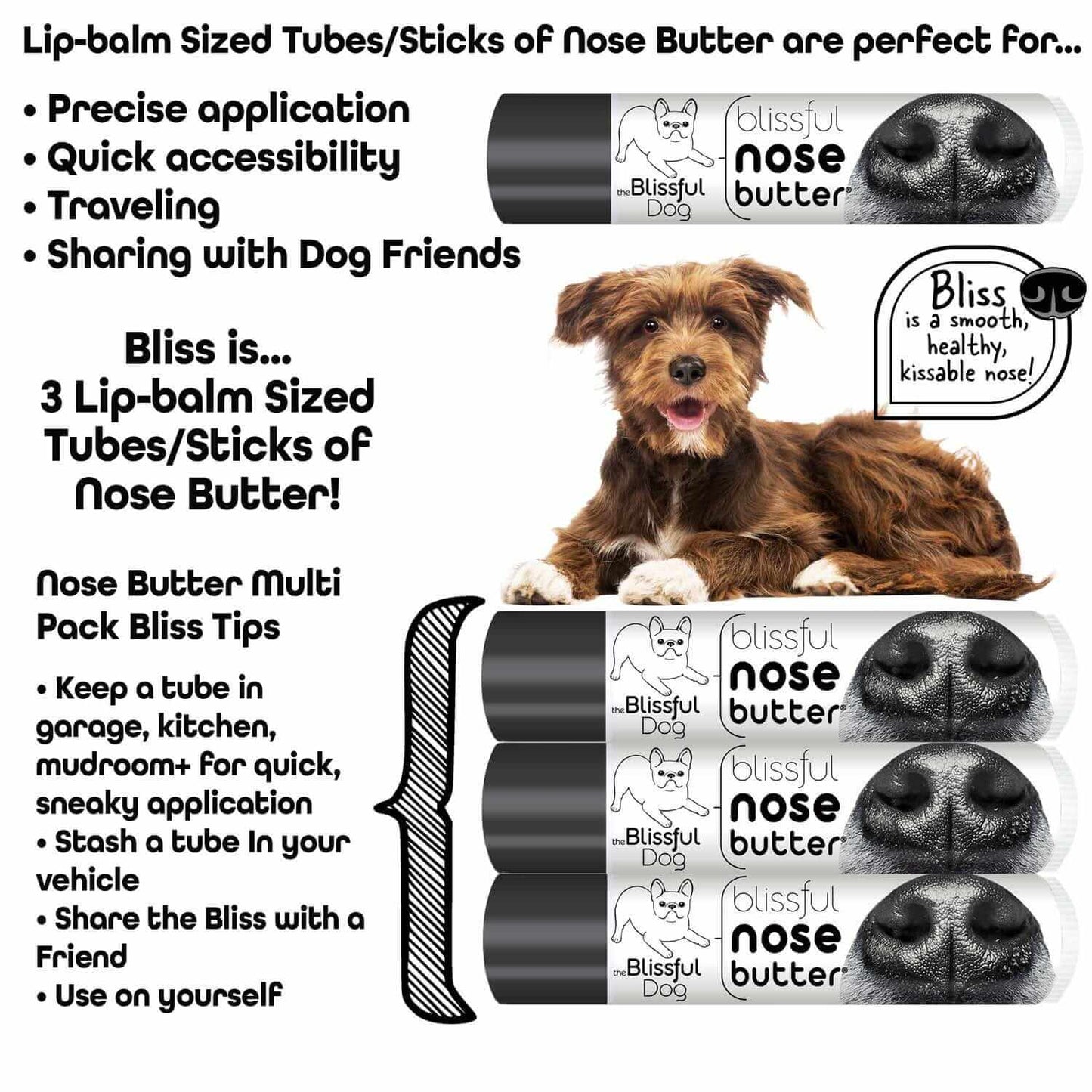 1 Dog Nose Butter For All Dogs in convenient lip-balm sized tubes for easy, precise application on dry, crusty dog noses.