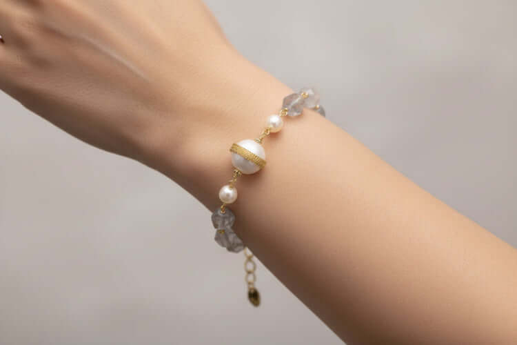 Baroque Pearl Crystal Bracelet featuring luminous baroque pearls and cloud quartz, perfect for elegant looks.