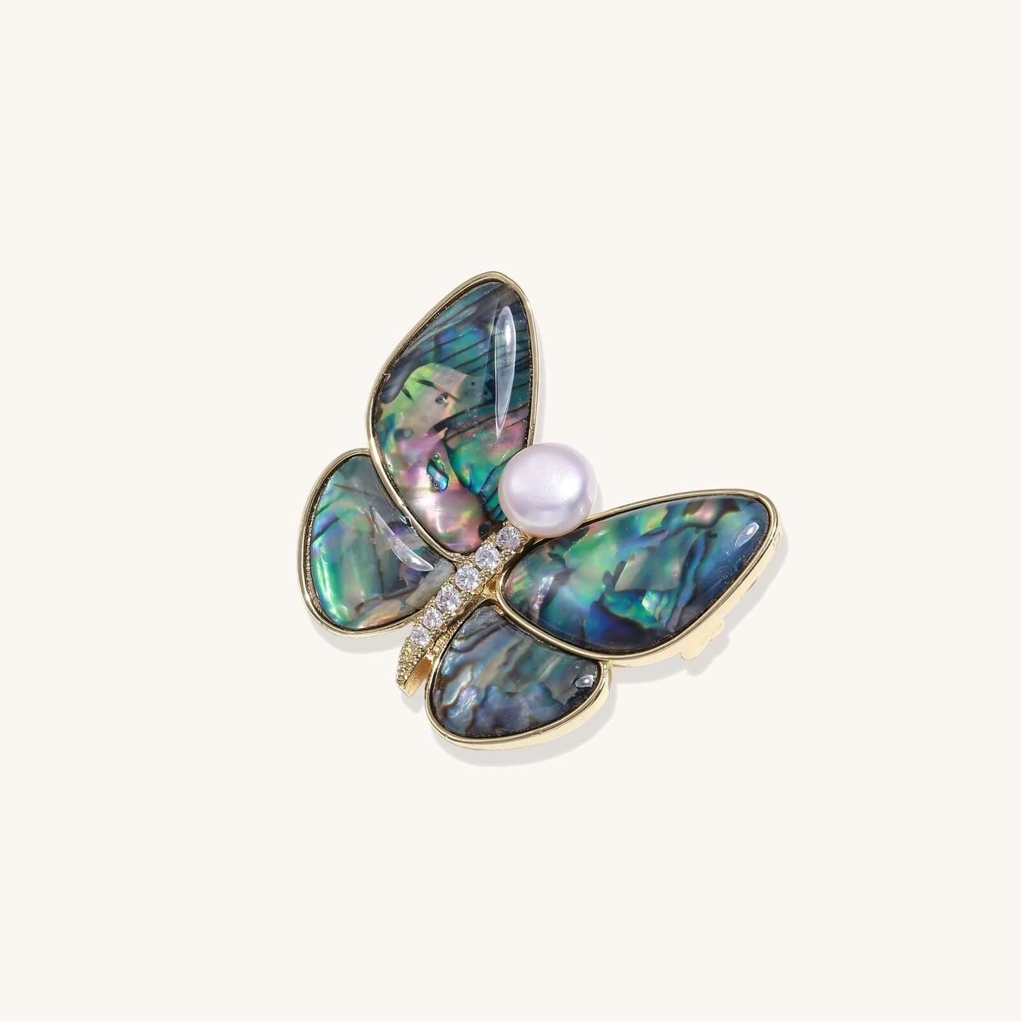 Rainbow Butterfly Brooch featuring iridescent abalone wings and a freshwater pearl centerpiece.