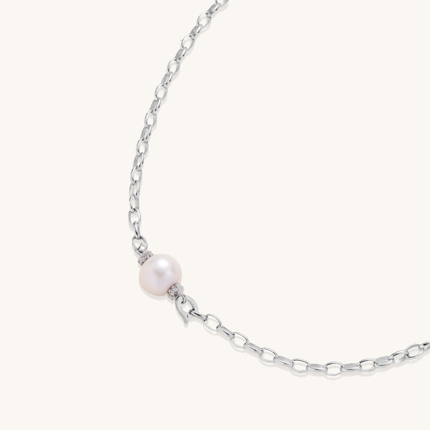 Sterling silver chain necklace with single white freshwater pearl centerpiece on neutral background, 445mm length.