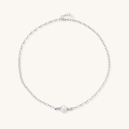 Sterling silver chain necklace with single white freshwater pearl centerpiece on neutral background, 445mm length.