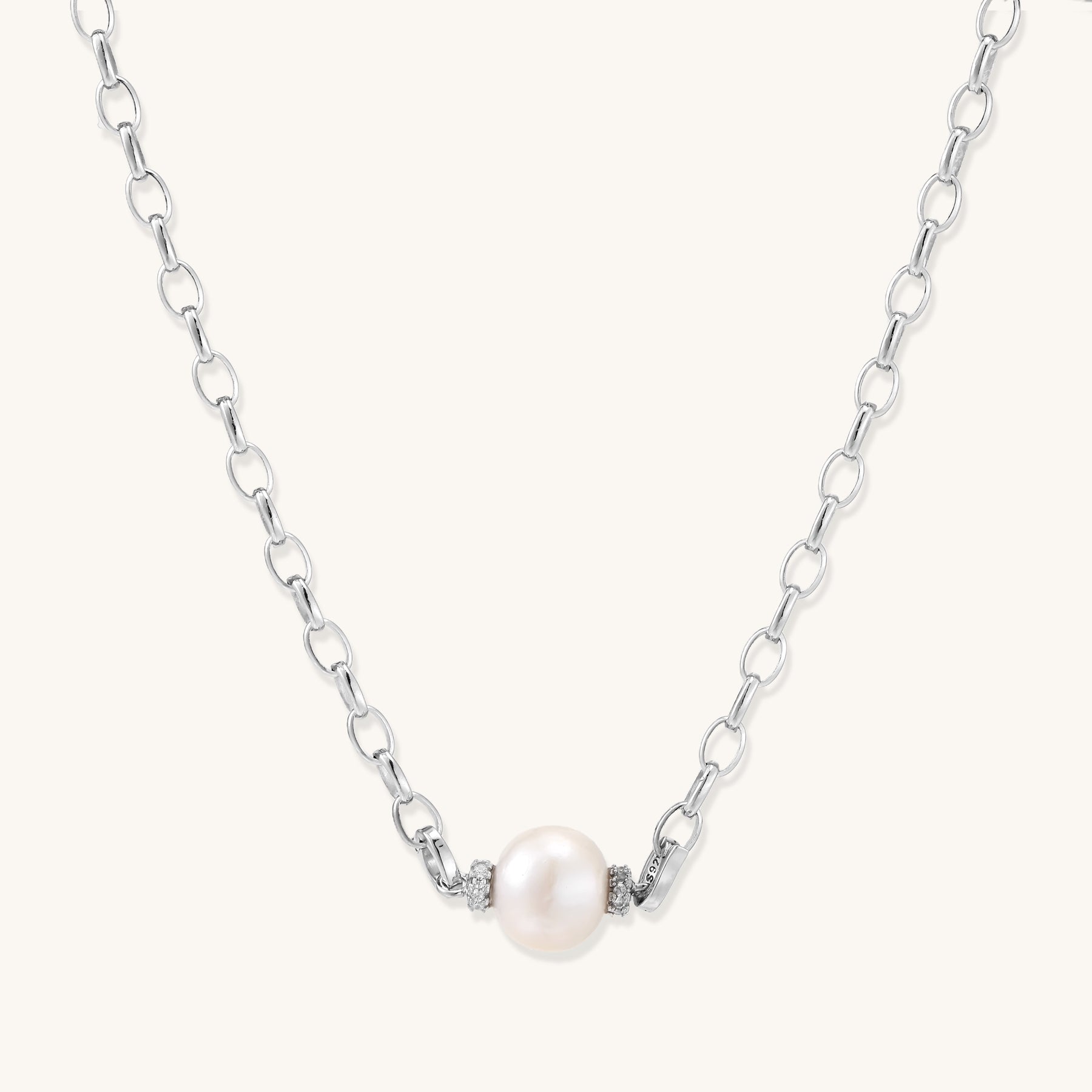 Sterling silver chain necklace with single white freshwater pearl centerpiece on neutral background, 445mm length.