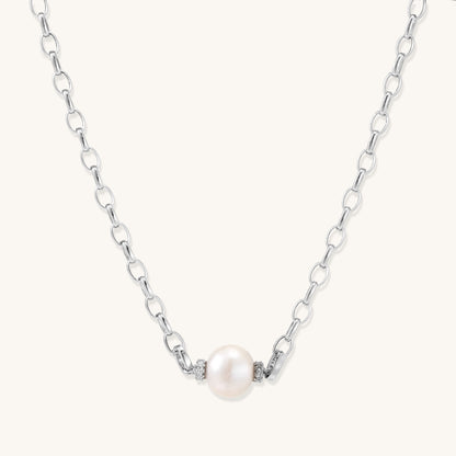 Sterling silver chain necklace with single white freshwater pearl centerpiece on neutral background, 445mm length.