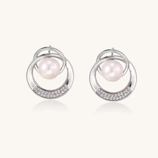 Pearl Orbit Studs - Earrings Women's Costume Jewelry featuring freshwater pearls in crystal-pavé circles.