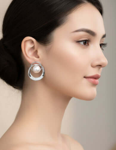 Elegant model showcasing Pearl Orbit Studs earrings with a lustrous pearl in crystal-pavé circles.