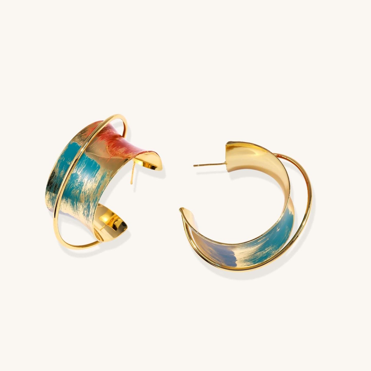 Sunset Mirage Hoops earrings in turquoise-to-coral ombré with gold accents, perfect for artistic statement looks.