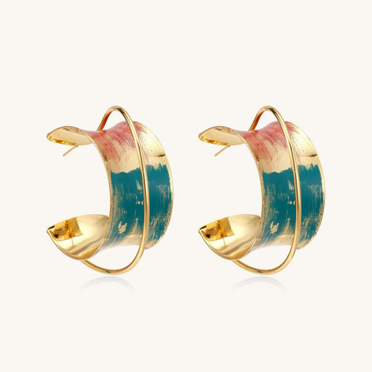 Sunset Mirage Hoops earrings with hand-painted turquoise-to-coral enamel, perfect for bold artistic style.