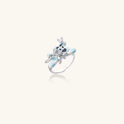 Gold-plated brass ring featuring a cute panda with crystal crown sitting on blue petals