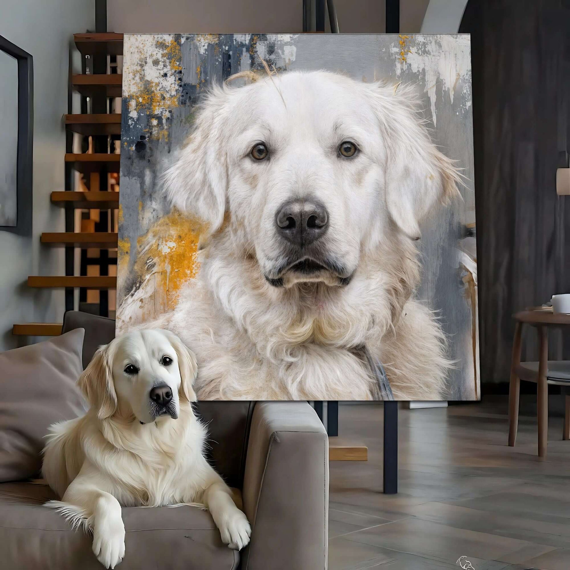 Customized Pet Portrait Abstract Wall Art featuring a golden retriever, perfect for pet lovers and home decor.