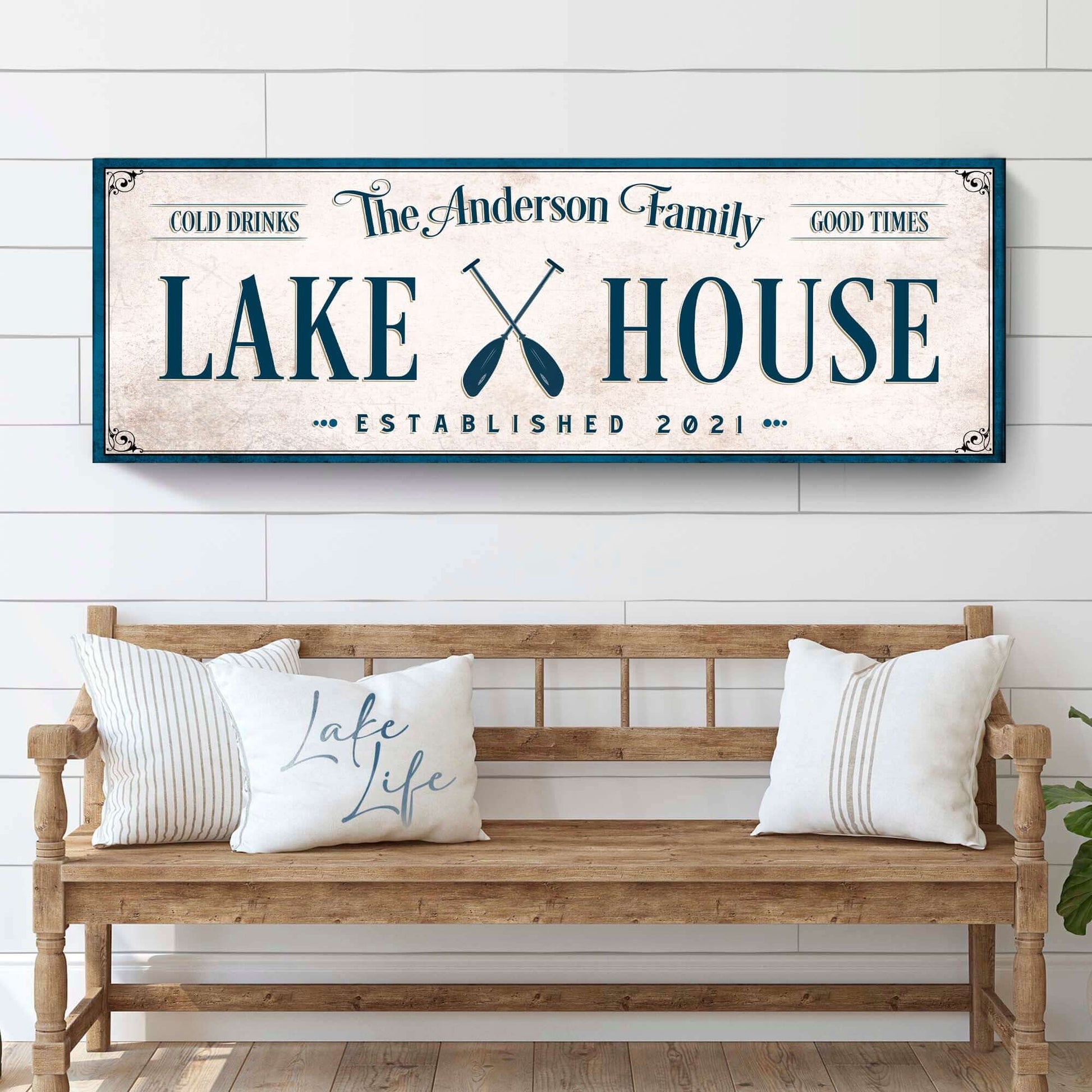 Personalized Lake House Sign IV featuring the Anderson Family, established 2021, displayed on a wooden bench.