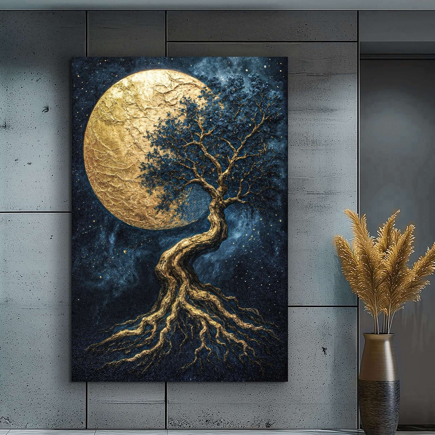 Lunar Tree of Life Canvas Wall Art featuring a golden moon and intricate tree design on a dark background.