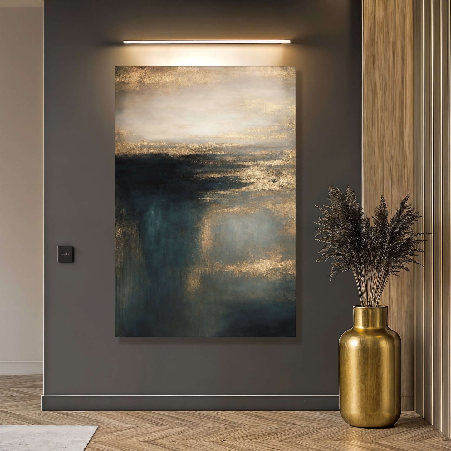 Cloudscape Glimmer Canvas Wall Art displayed in a modern living space with stylish decor and warm lighting.