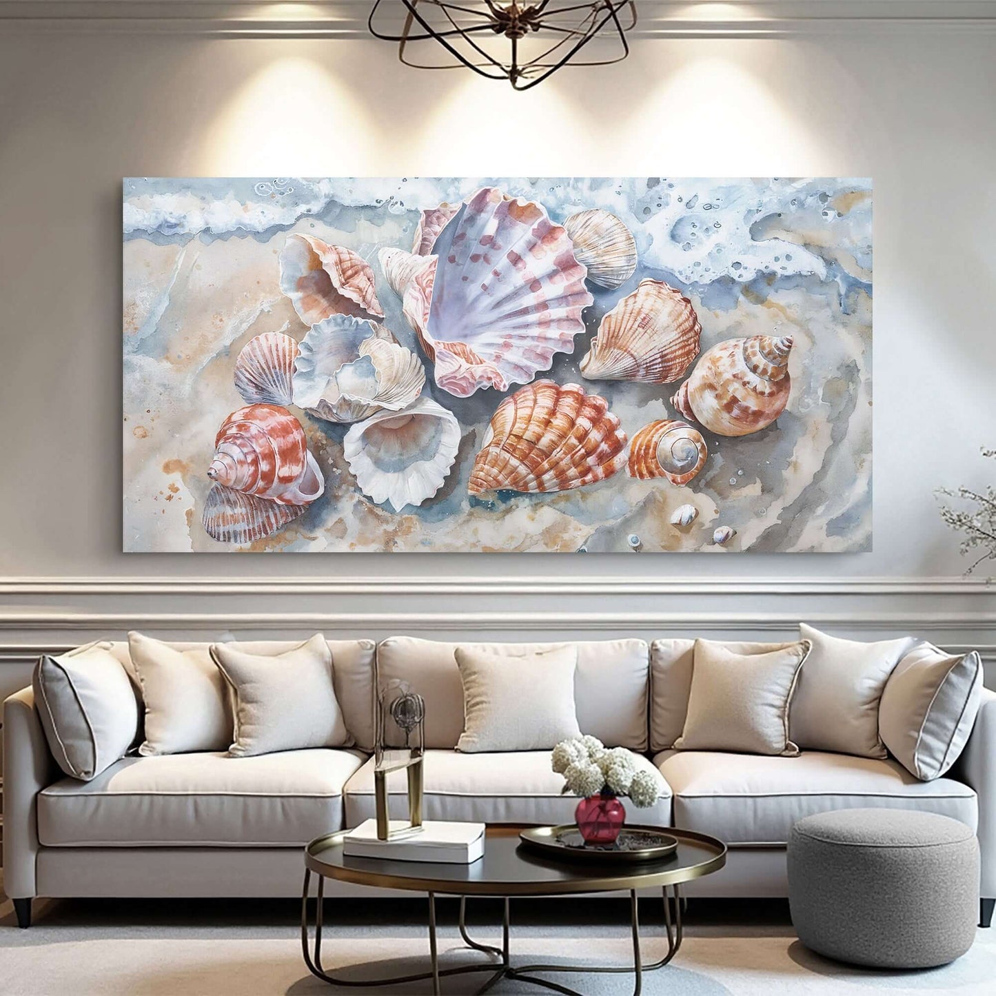 Sea Shells Modern Coastal Wall Art displayed in a stylish living room with neutral colors and elegant decor.
