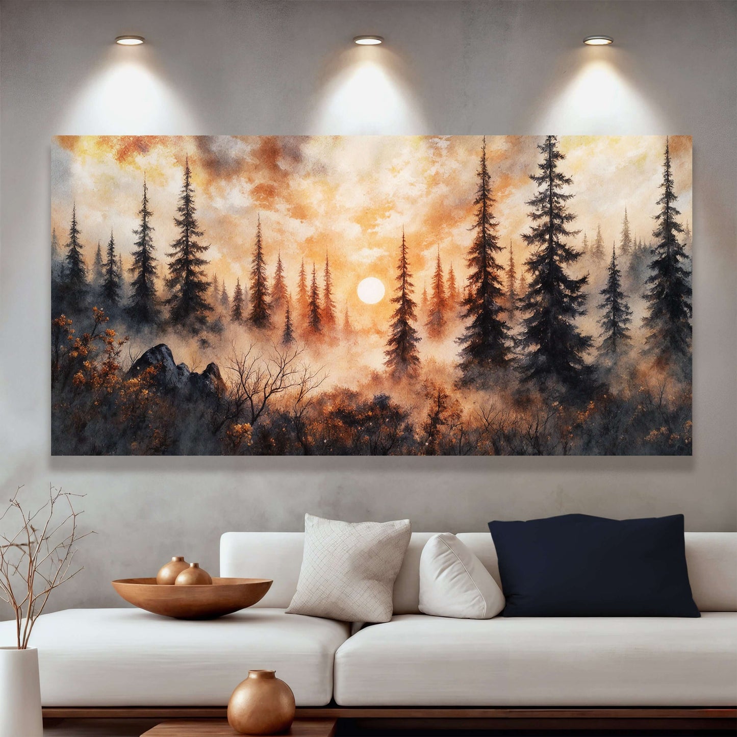 Rustic Forest Sunset Canvas Wall Art featuring a serene sunset over a misty forest landscape.
